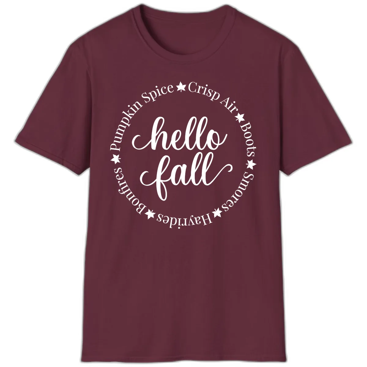 Hello Fall Autumn Circle Design T-Shirt in Maroon