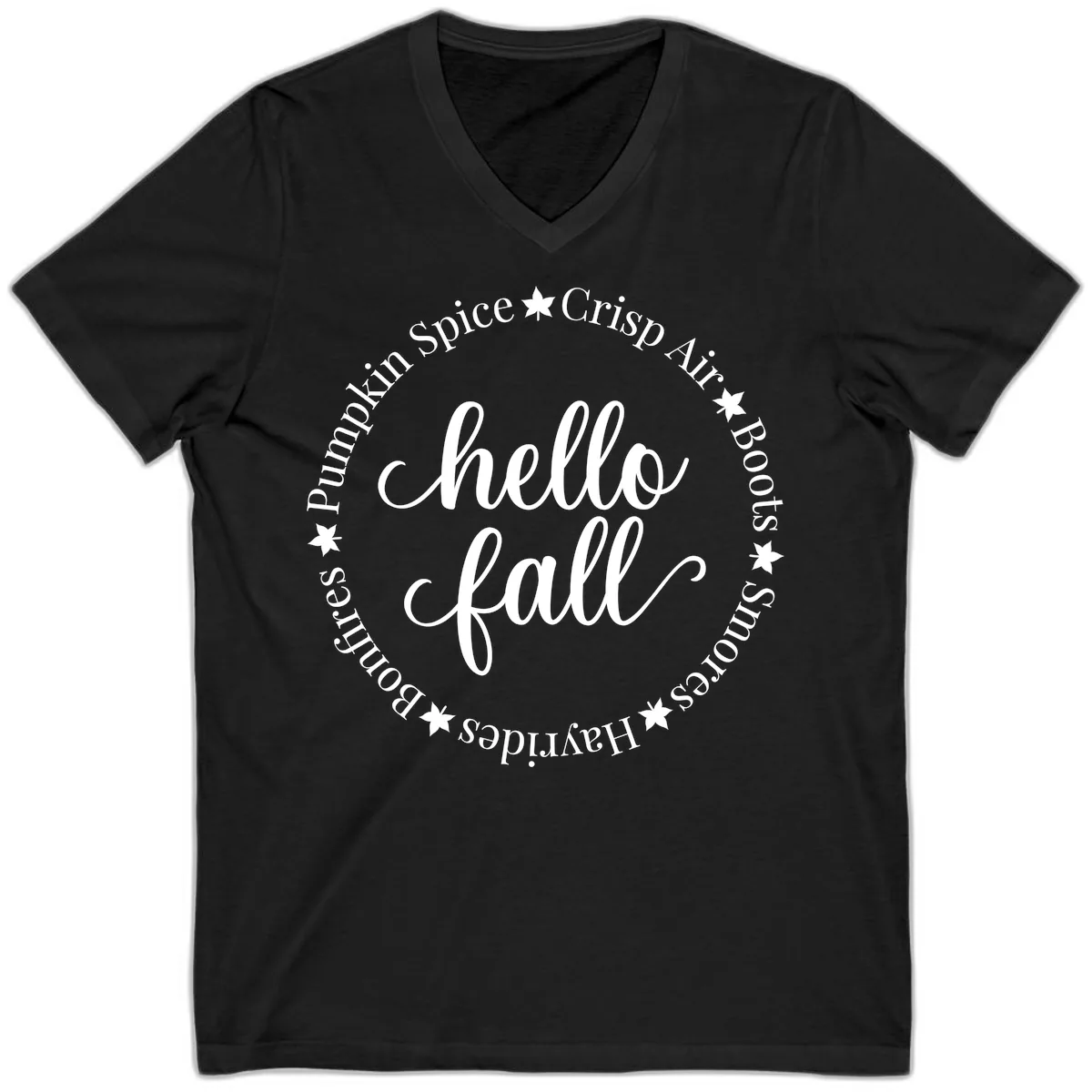Hello Fall Autumn Circle Design V-Neck in Black