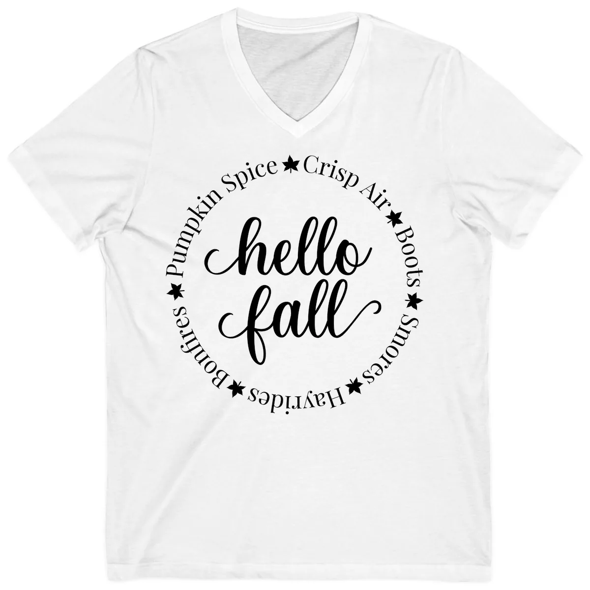 Hello Fall Autumn Circle Design V-Neck in White