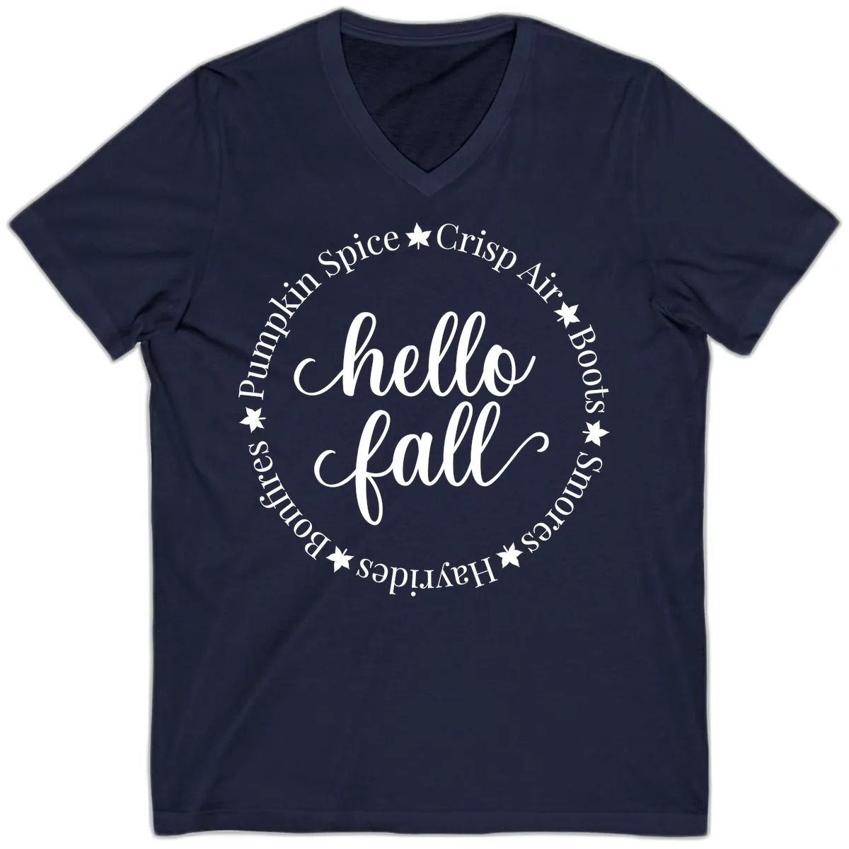 Hello Fall Autumn Circle Design V-Neck in Navy