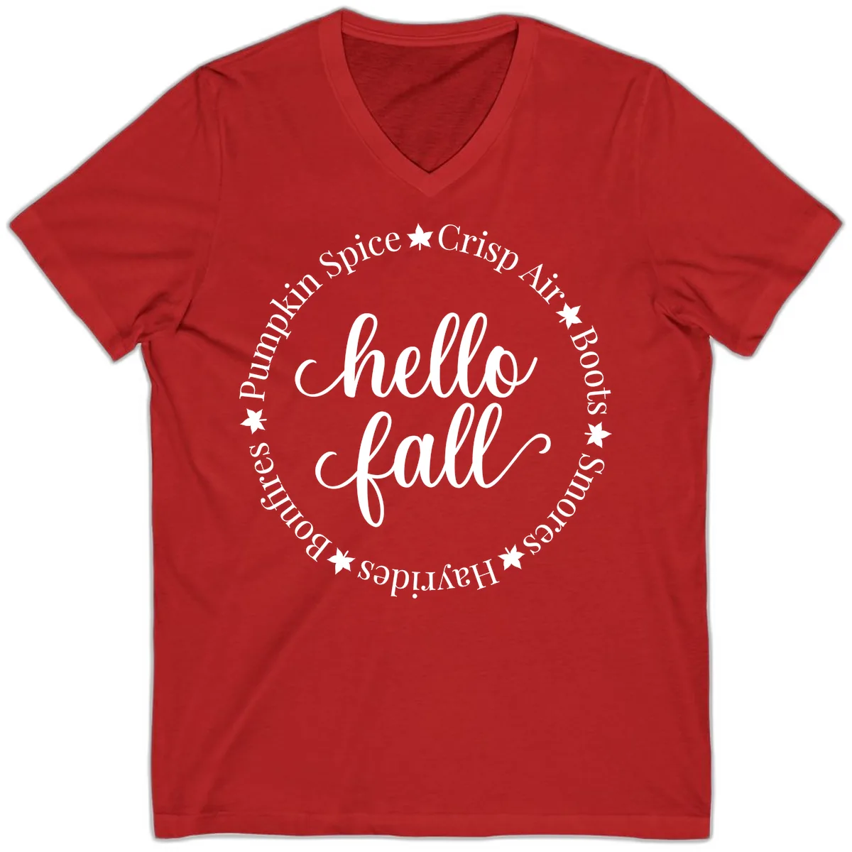 Hello Fall Autumn Circle Design V-Neck in Red