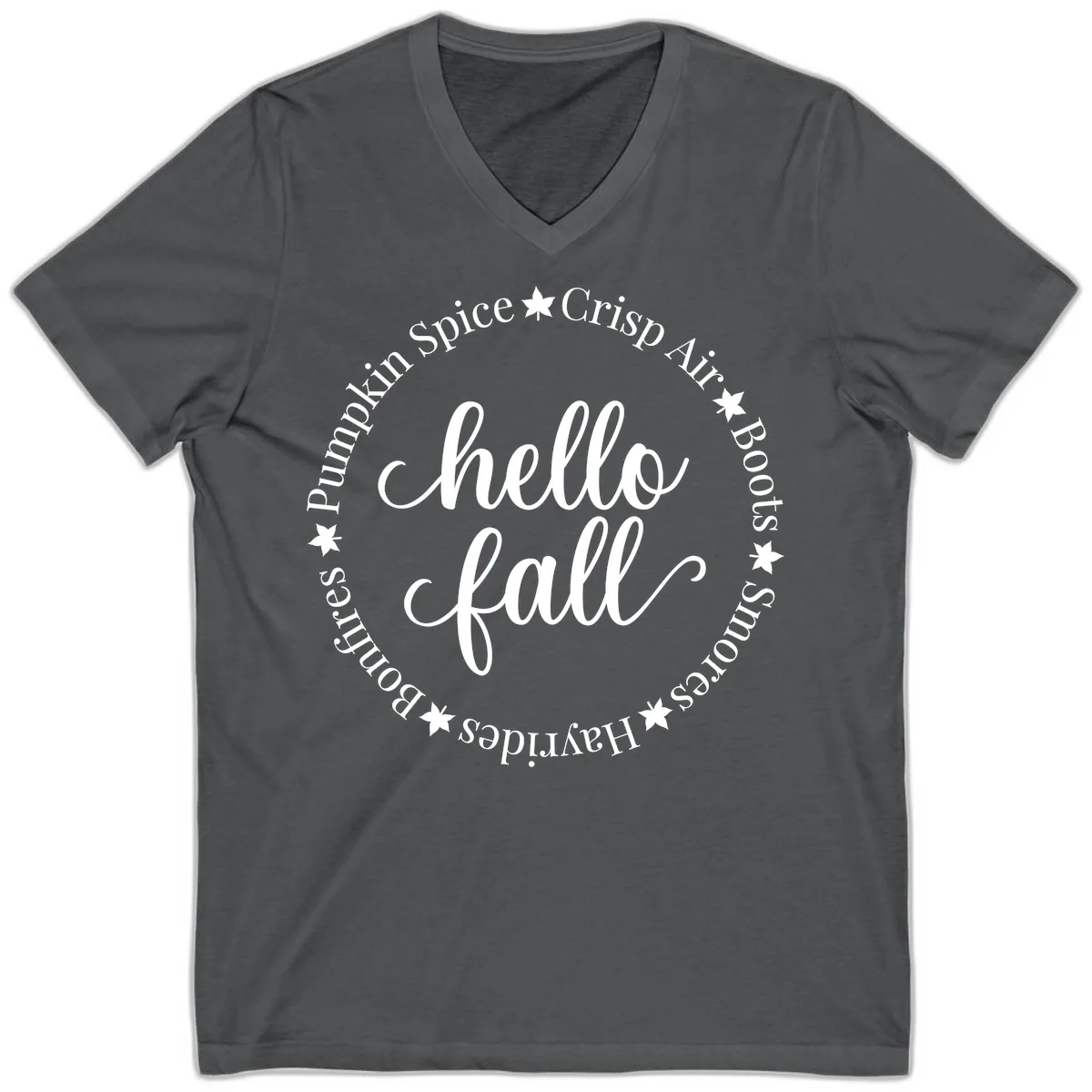 Hello Fall Autumn Circle Design V-Neck in Asphalt