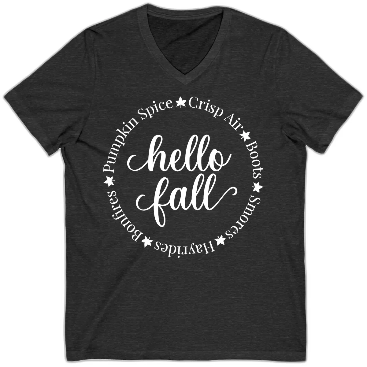 Hello Fall Autumn Circle Design V-Neck in Dark Grey Heather