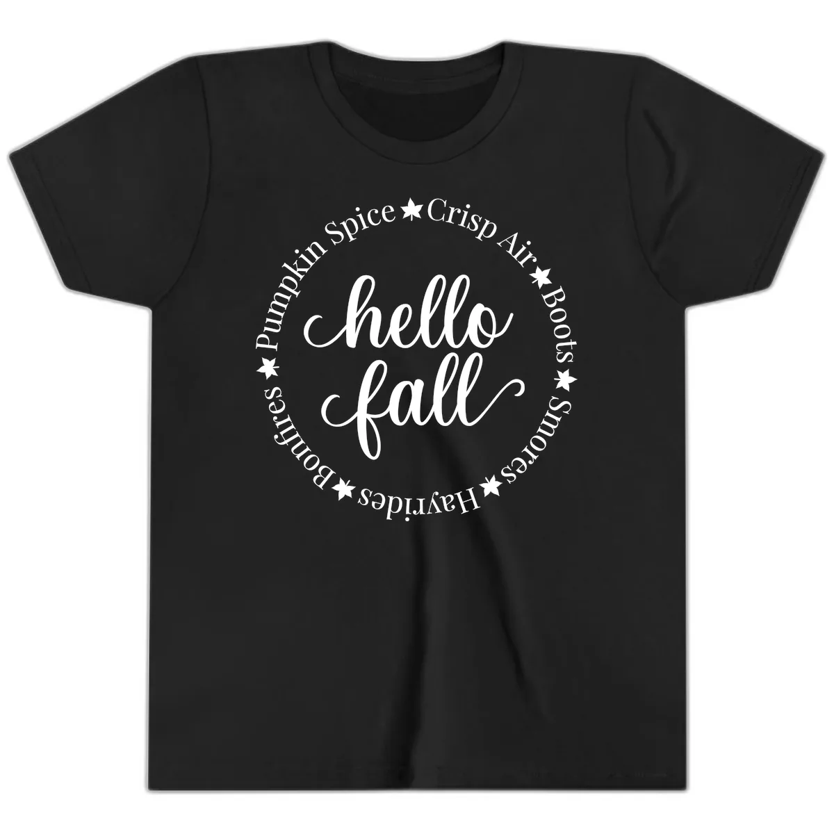 Hello Fall Autumn Circle Design Youth T-Shirt in Black