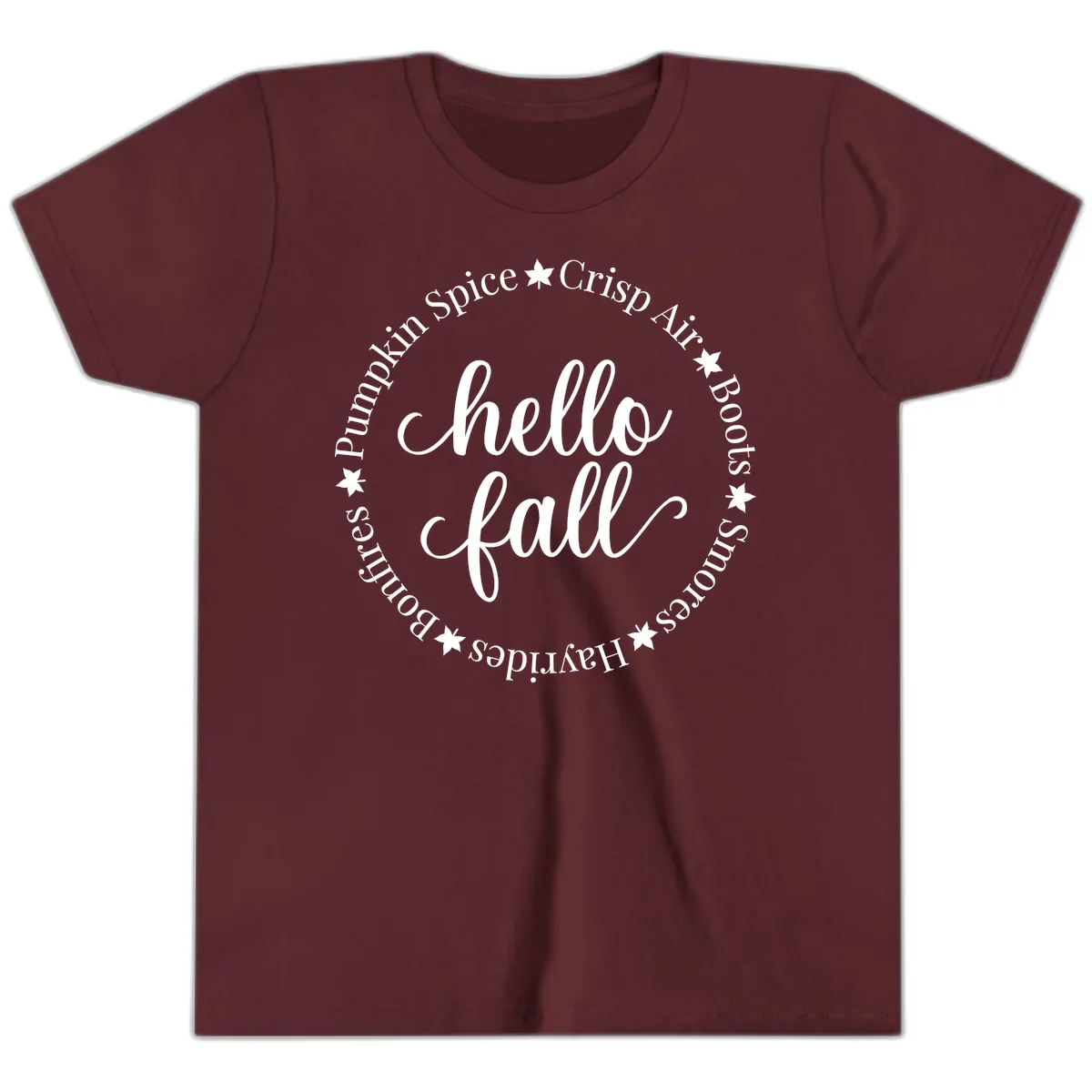 Hello Fall Autumn Circle Design Youth T-Shirt in Maroon