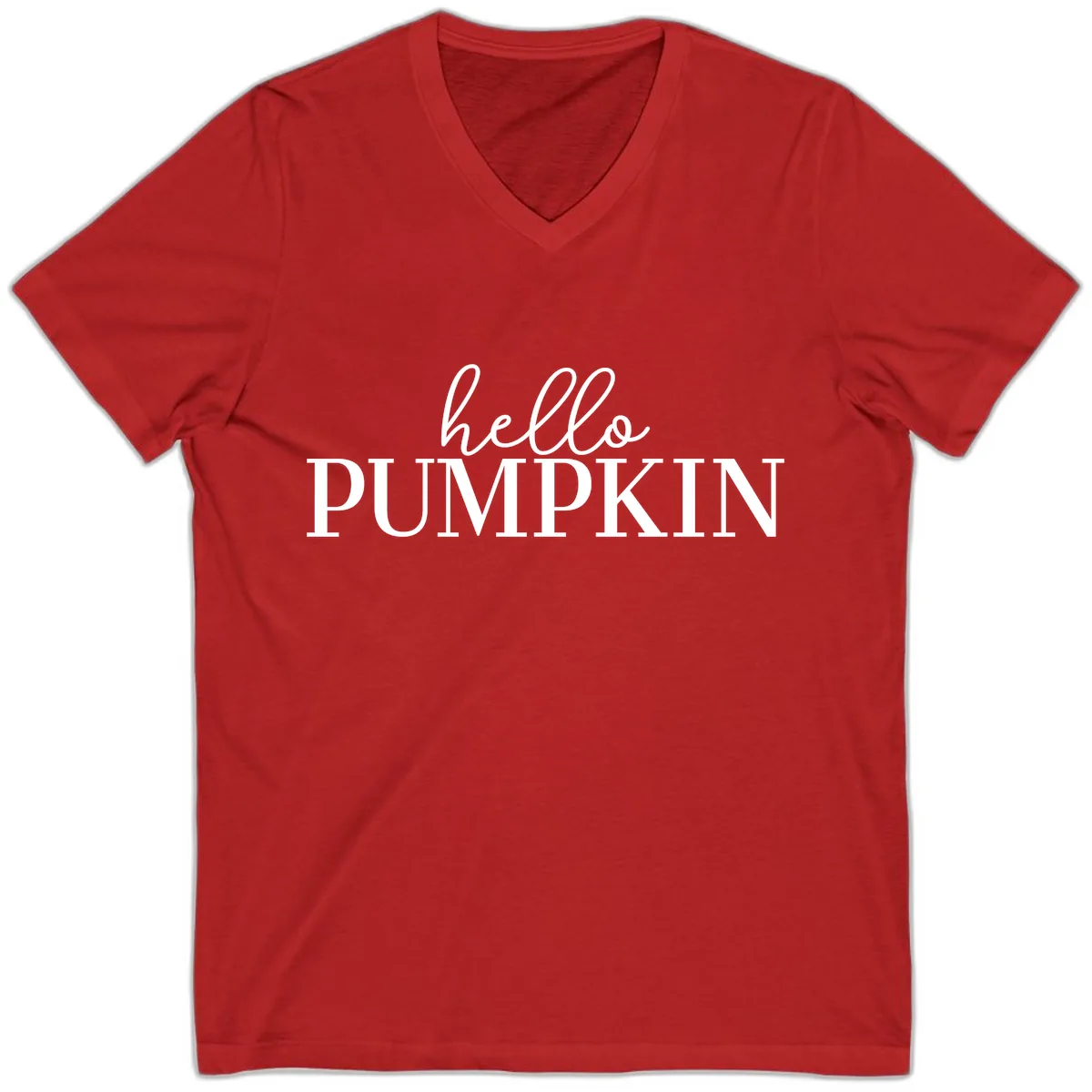 Hello Pumpkin Family Thanksgiving Tee V-Neck in Red