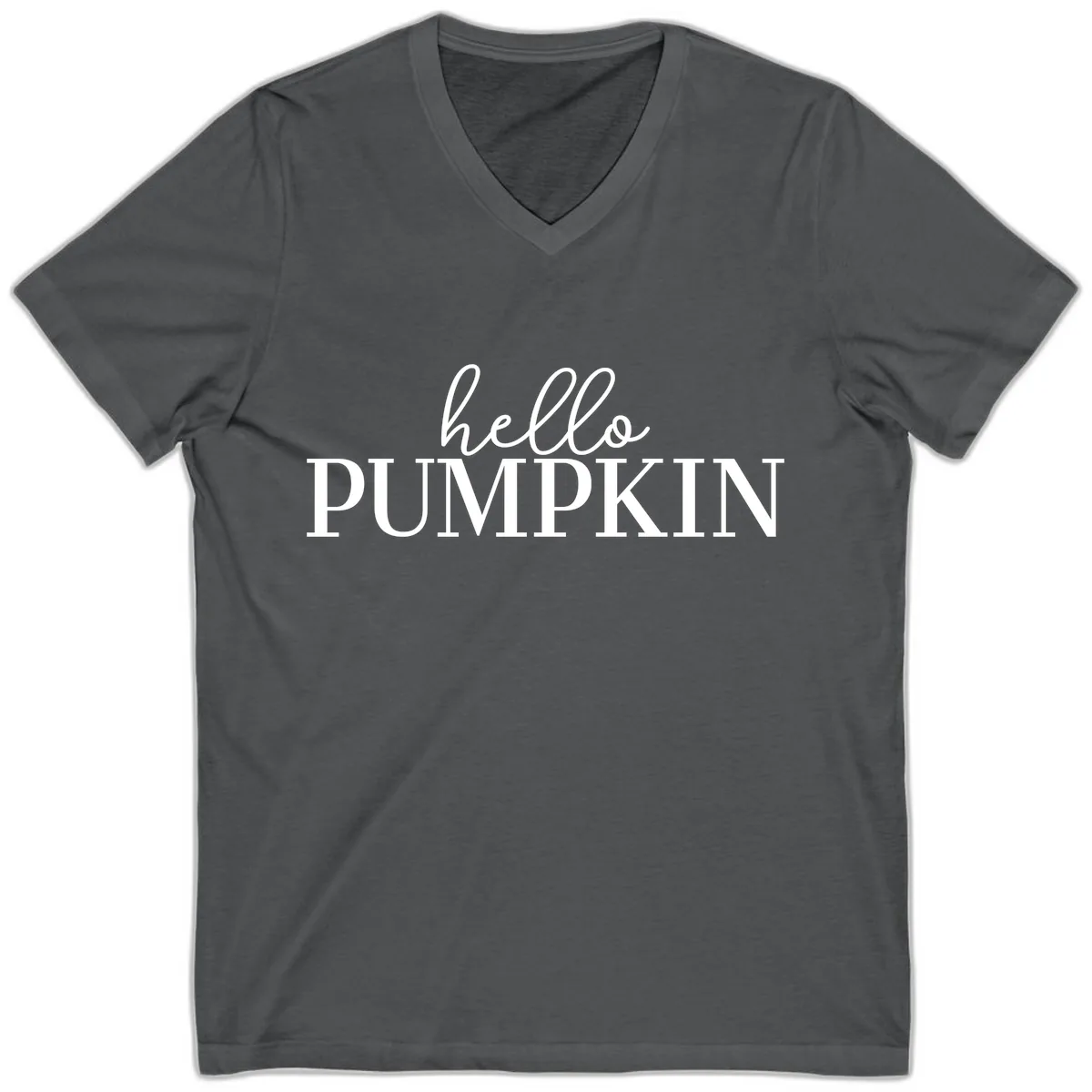 Hello Pumpkin Family Thanksgiving Tee V-Neck in Asphalt