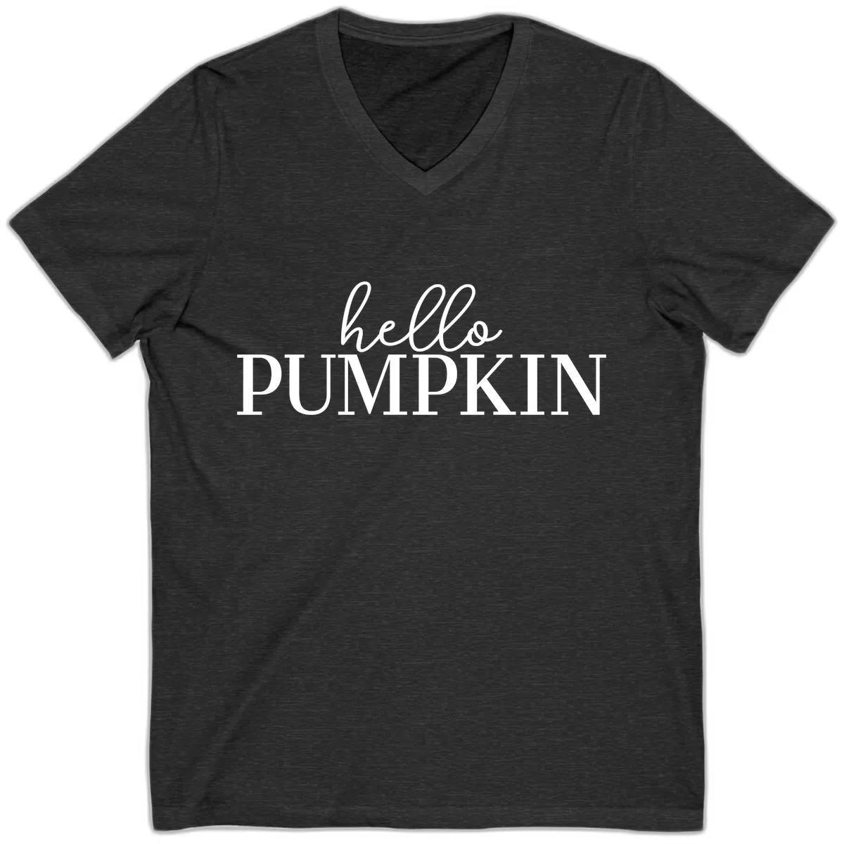Hello Pumpkin Family Thanksgiving Tee V-Neck in Dark Grey Heather