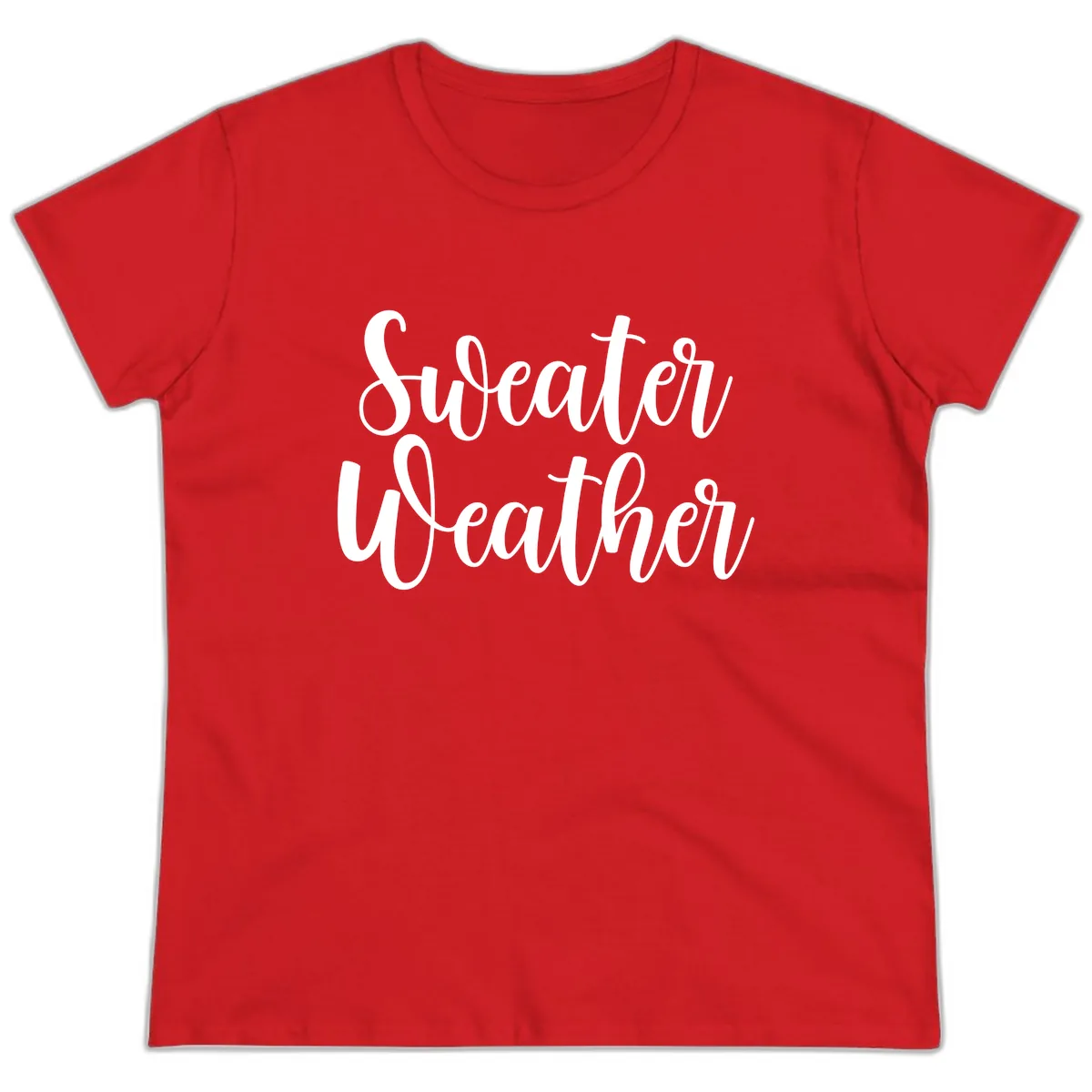 Sweater Weather Typography Design Ladies Tee in Red