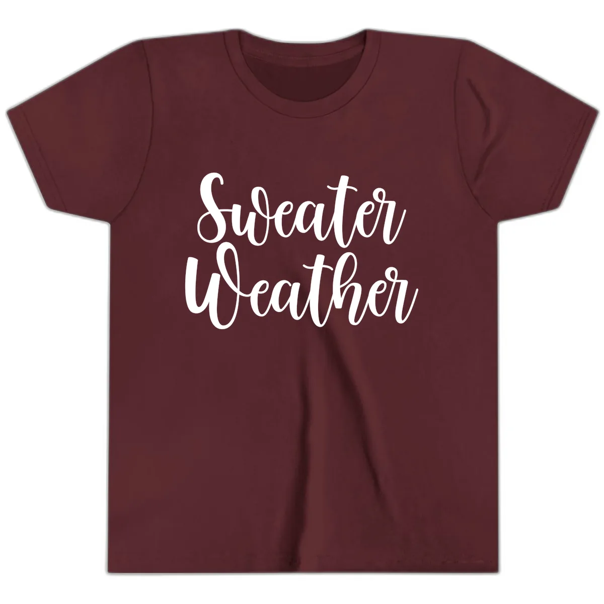 Sweater Weather Typography Design Youth T-Shirt in Maroon