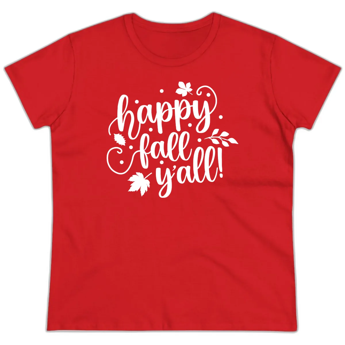 Happy Fall Y'all Script Design Ladies Tee in Red