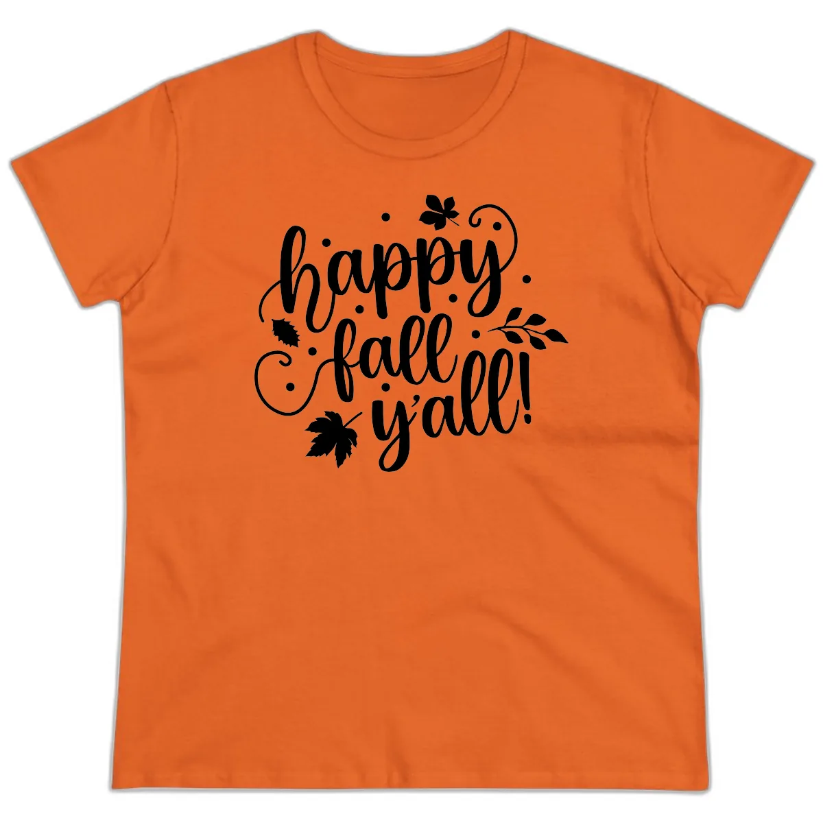 Happy Fall Y'all Script Design Ladies Tee in Orange
