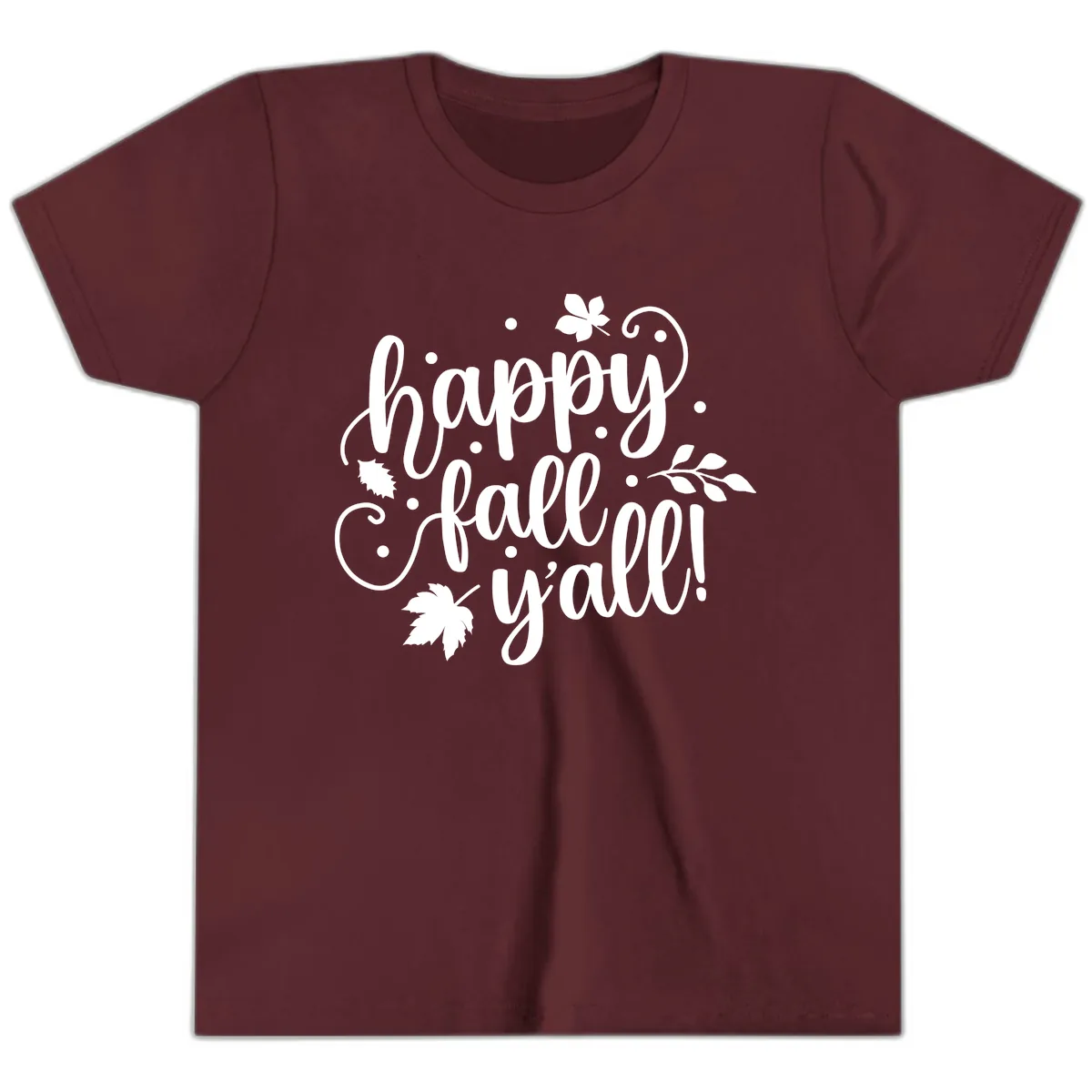 Happy Fall Y'all Script Design Youth T-Shirt in Maroon