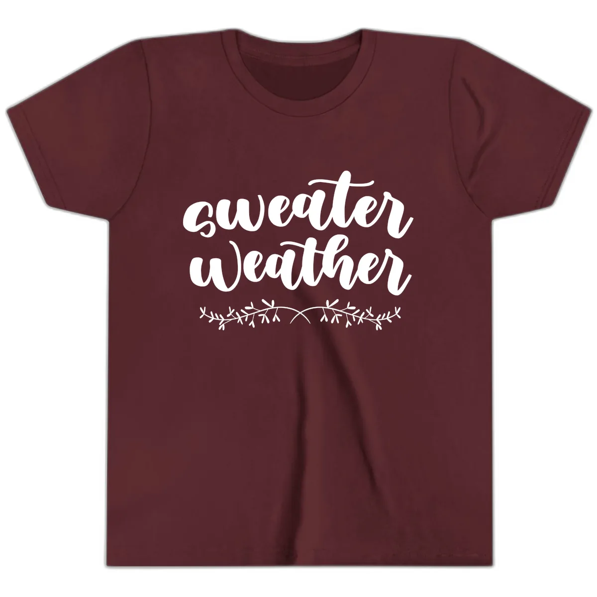 Sweater Weather Script Design Youth T-Shirt in Maroon