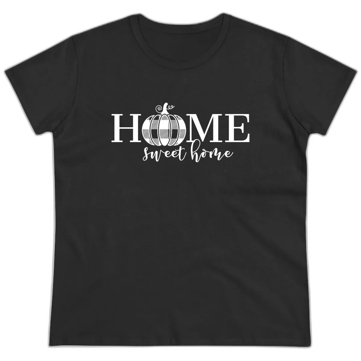 Home Sweet Home Buffalo Plaid Pumpkin Ladies Tee in Black