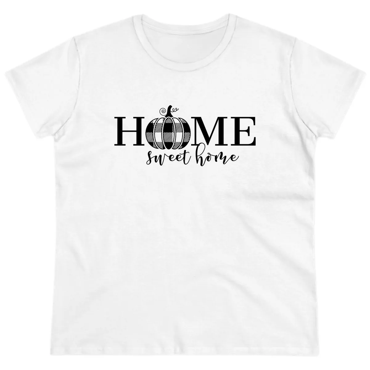 Home Sweet Home Buffalo Plaid Pumpkin Ladies Tee in White