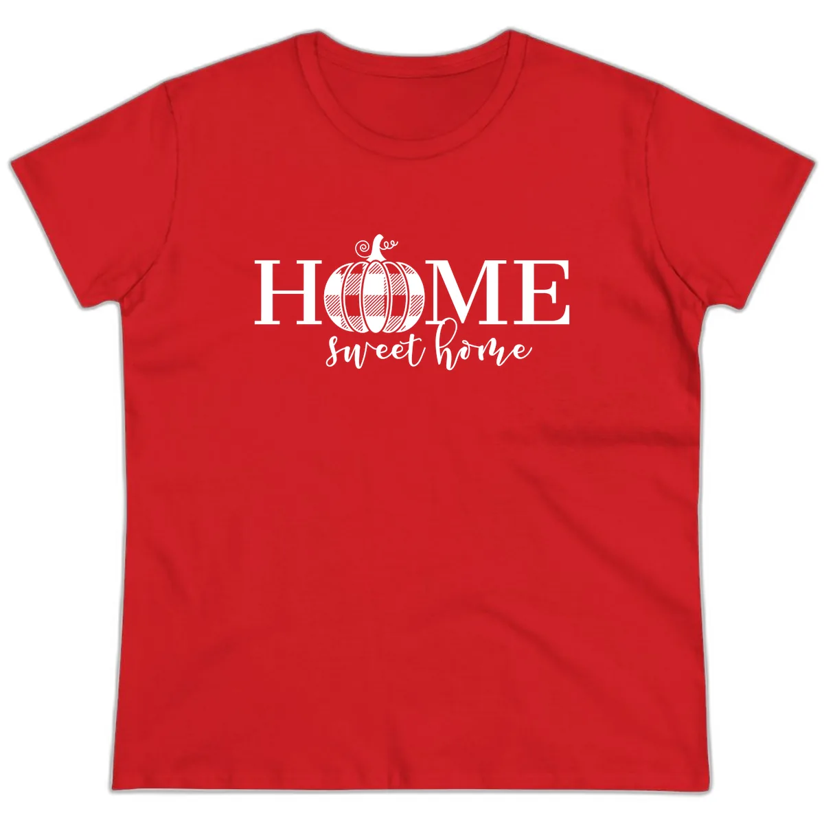 Home Sweet Home Buffalo Plaid Pumpkin Ladies Tee in Red
