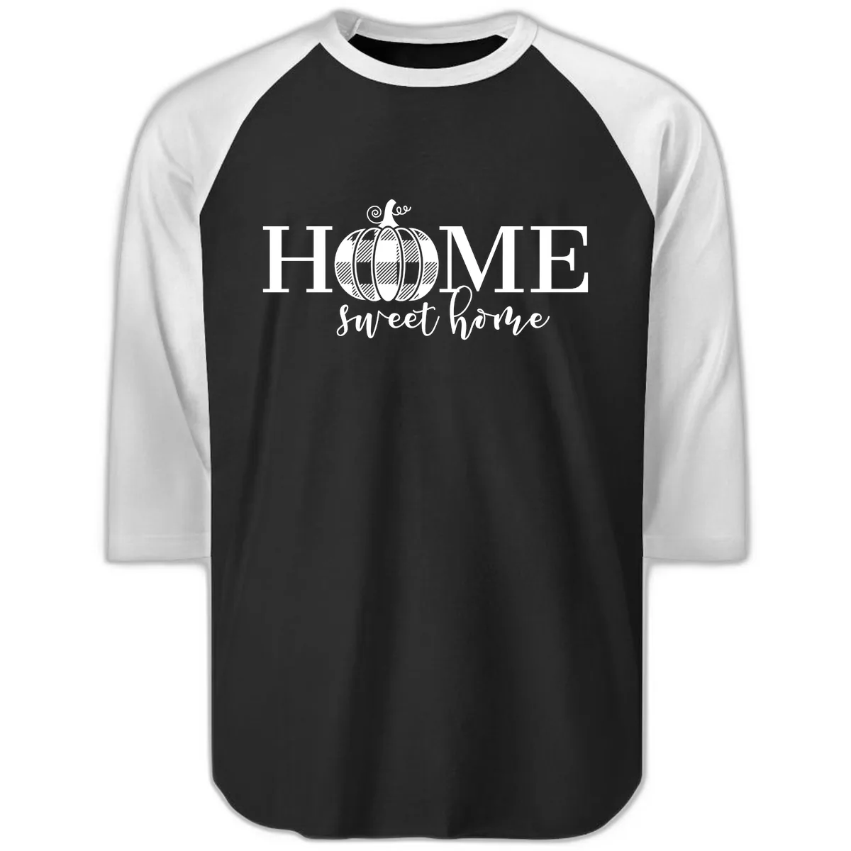 Home Sweet Home Buffalo Plaid Pumpkin Raglan 3/4 in Black White