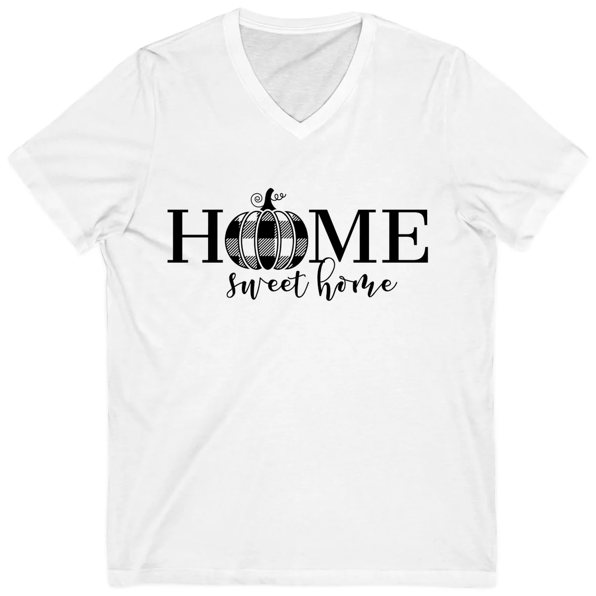 Home Sweet Home Buffalo Plaid Pumpkin V-Neck in White