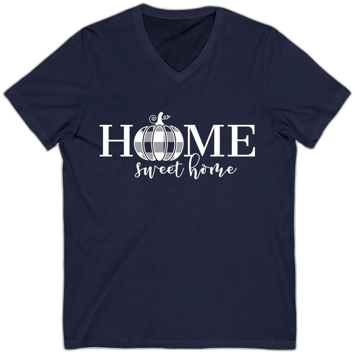 Home Sweet Home Buffalo Plaid Pumpkin V-Neck in Navy