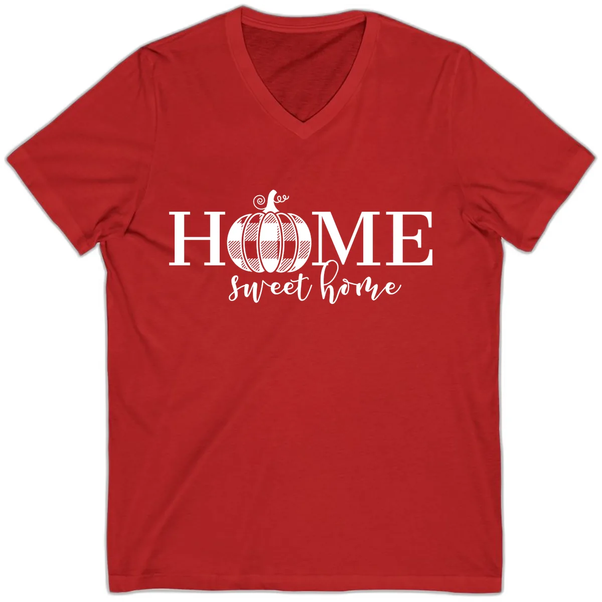 Home Sweet Home Buffalo Plaid Pumpkin V-Neck in Red