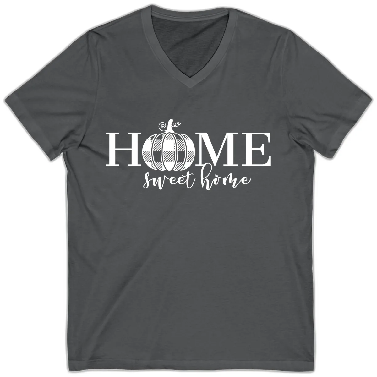 Home Sweet Home Buffalo Plaid Pumpkin V-Neck in Asphalt