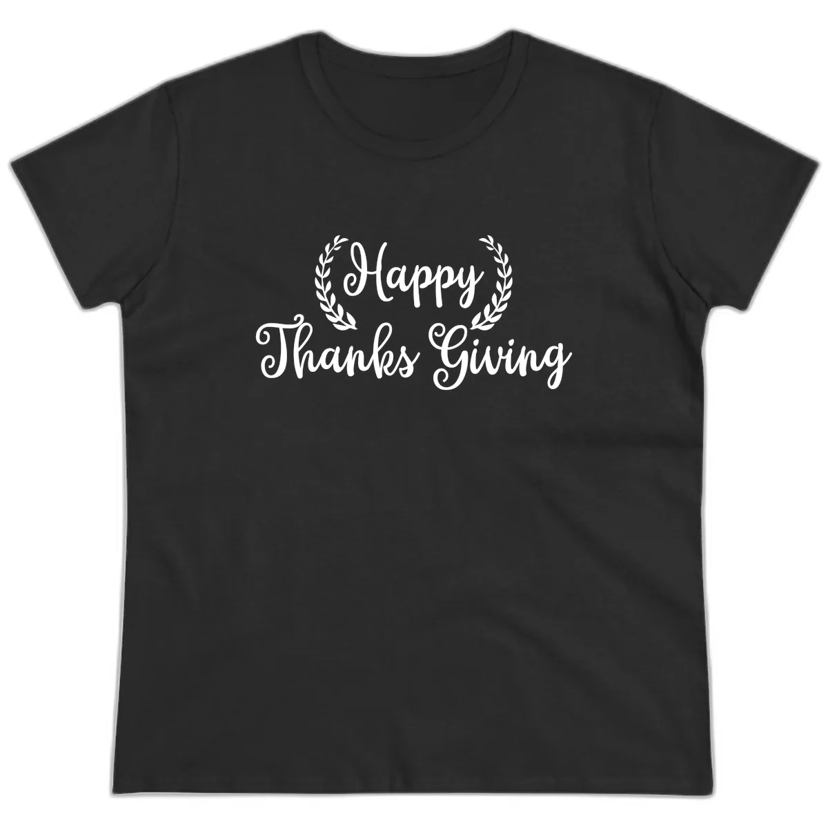 Happy Thanksgiving Laurel Wreath Ladies Tee in Black