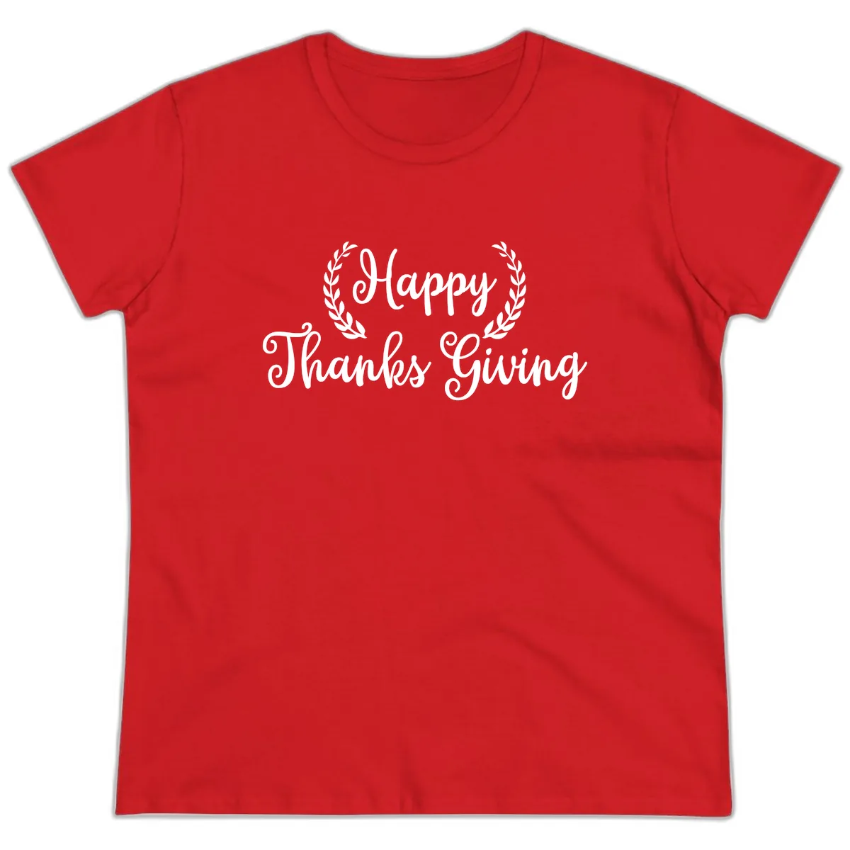 Happy Thanksgiving Laurel Wreath Ladies Tee in Red