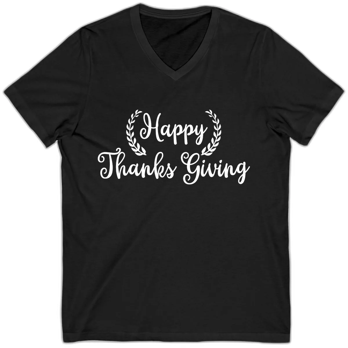 Happy Thanksgiving Laurel Wreath V-Neck in Black