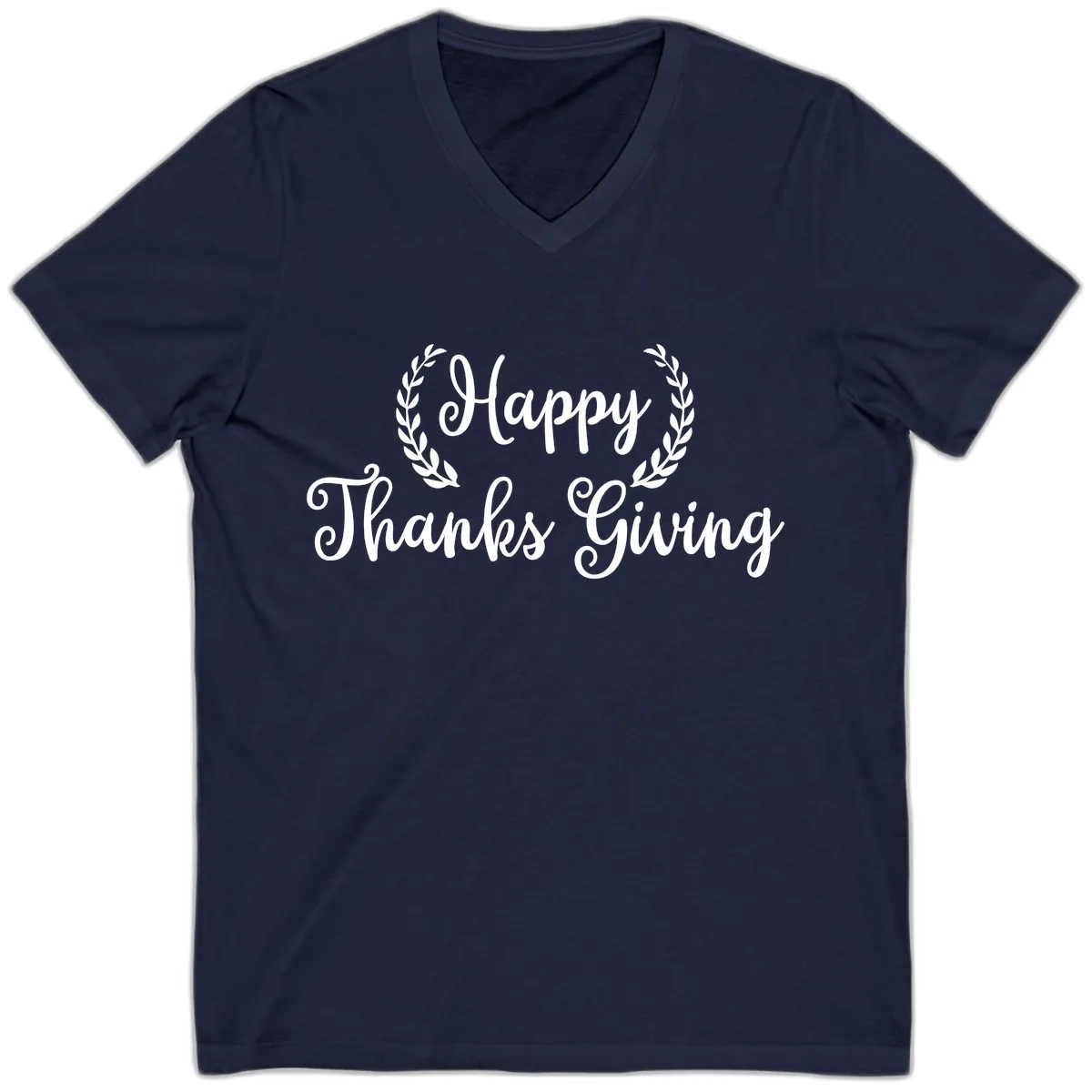 Happy Thanksgiving Laurel Wreath V-Neck in Navy