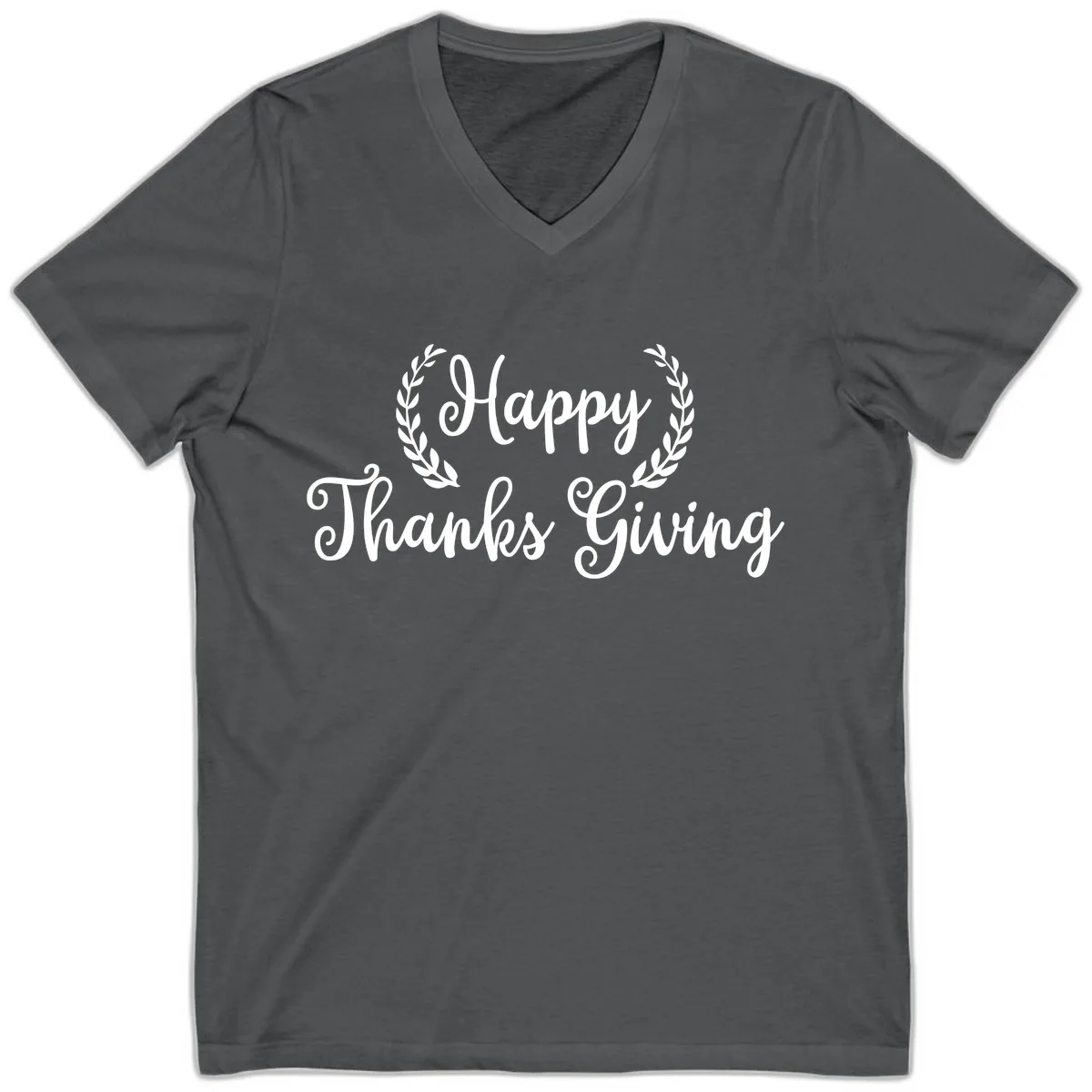 Happy Thanksgiving Laurel Wreath V-Neck in Asphalt