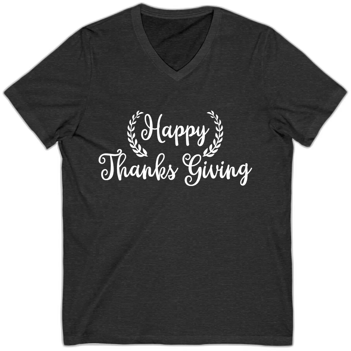 Happy Thanksgiving Laurel Wreath V-Neck in Dark Grey Heather