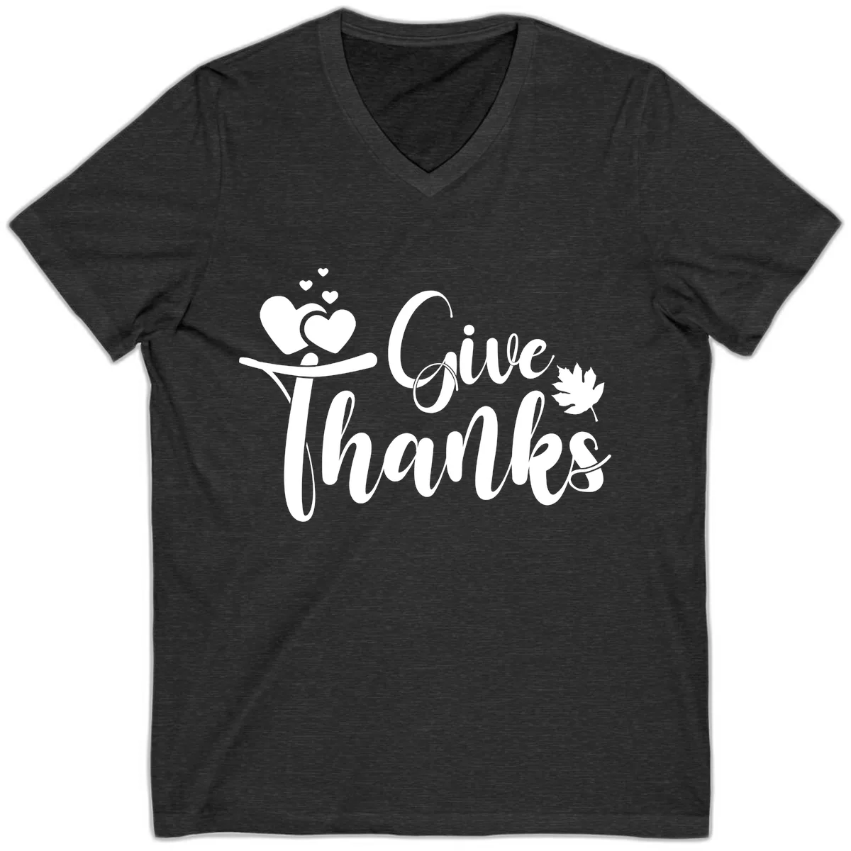 Give Thanks Thanksgiving Family Design V-Neck in Dark Grey Heather