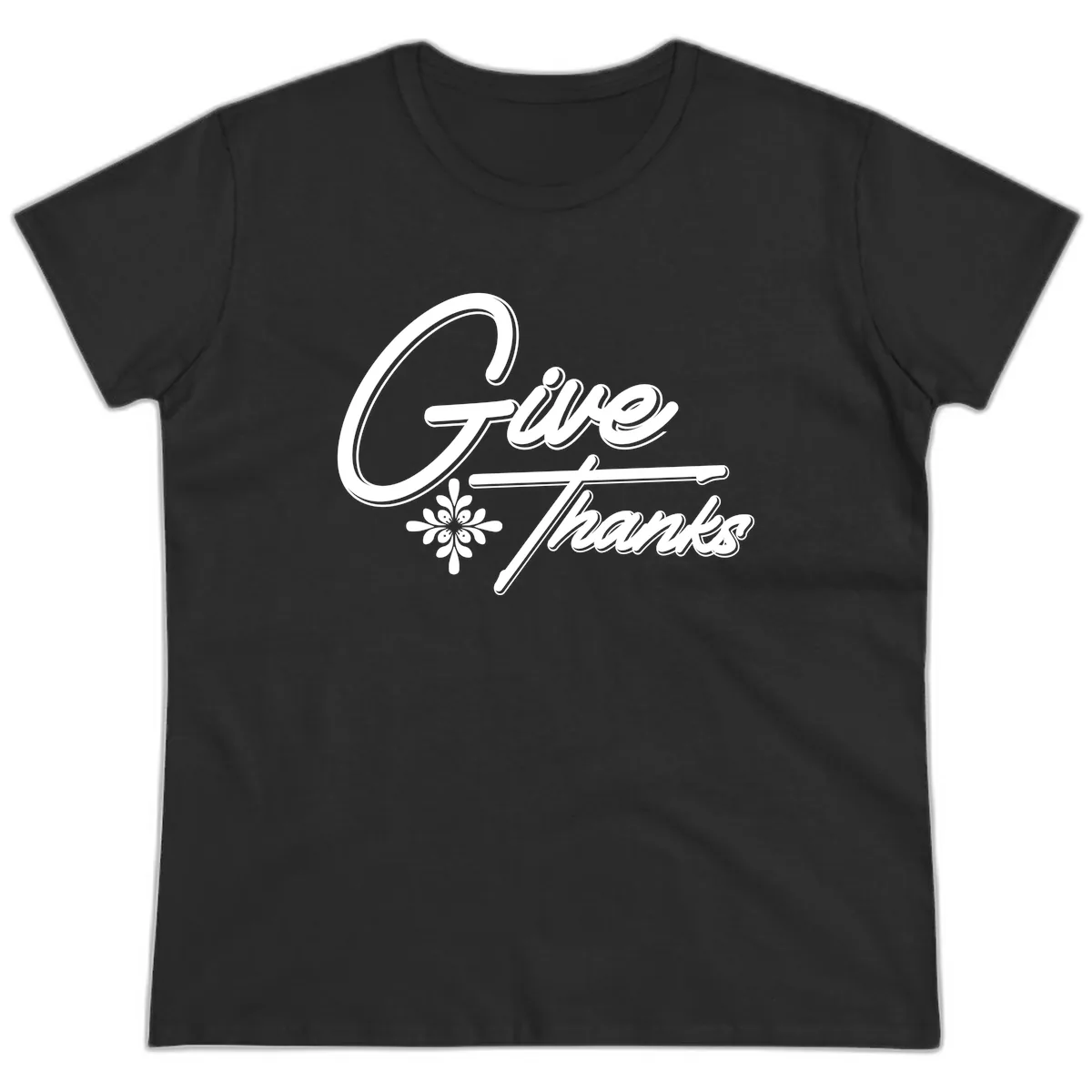 Give Thanks Script Design Ladies Tee in Black