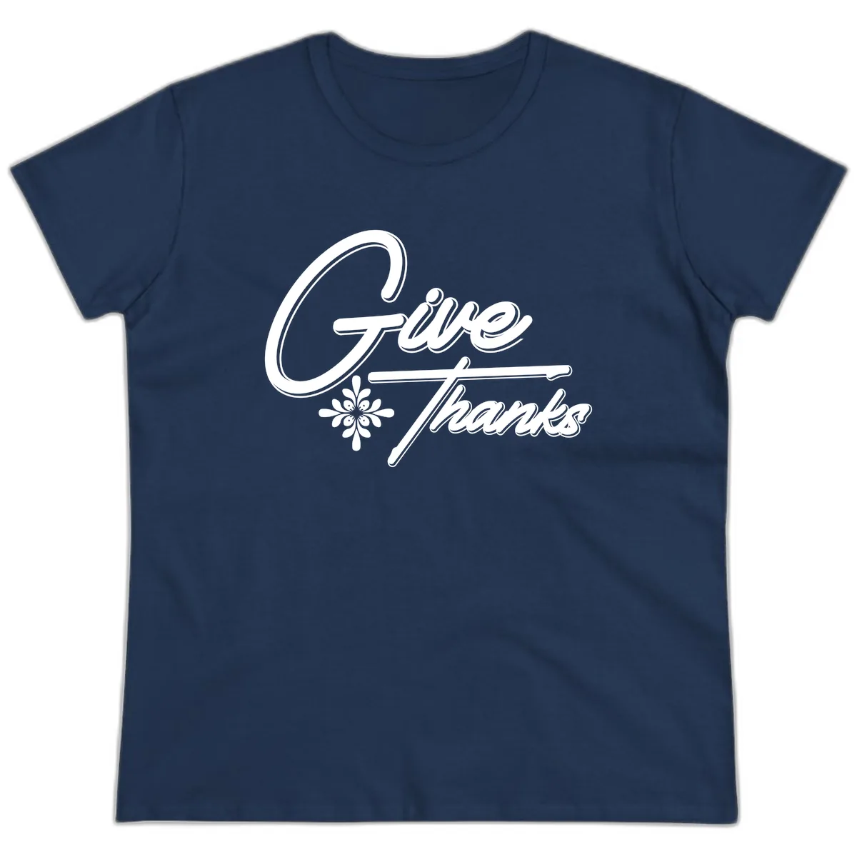 Give Thanks Script Design Ladies Tee in Navy
