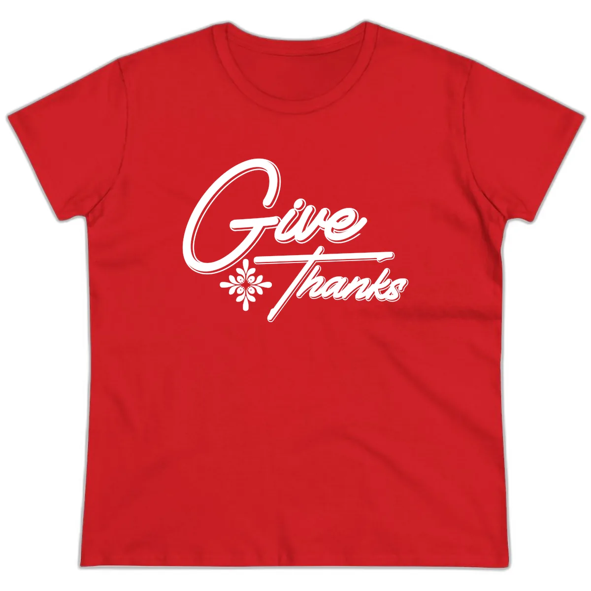 Give Thanks Script Design Ladies Tee in Red