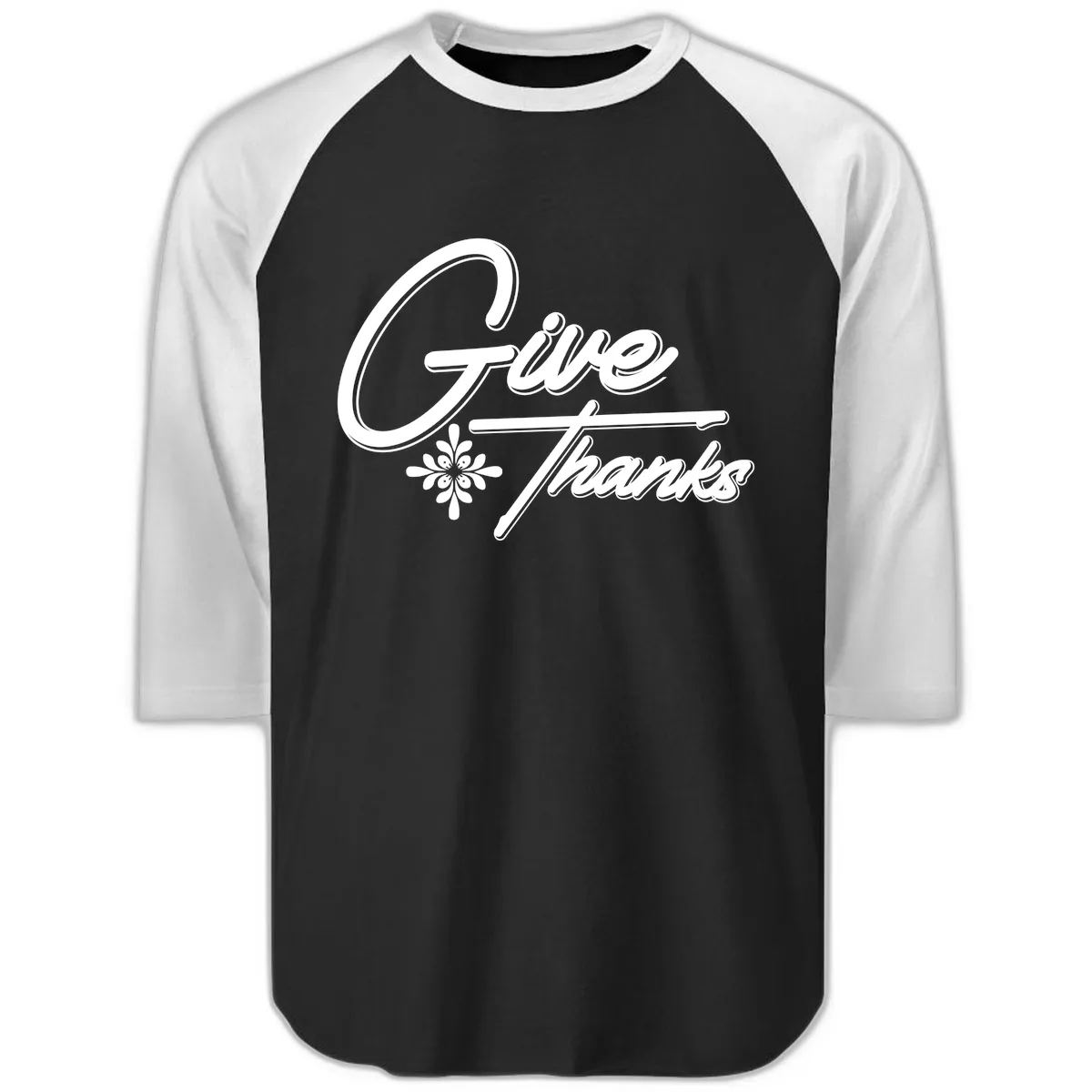Give Thanks Script Design Raglan 3/4 in Black White
