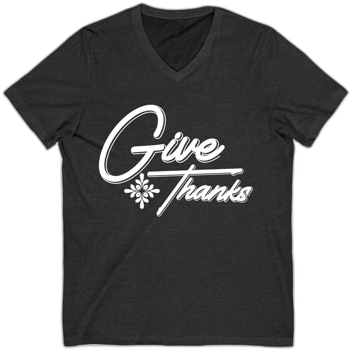 Give Thanks Script Design V-Neck in Dark Grey Heather
