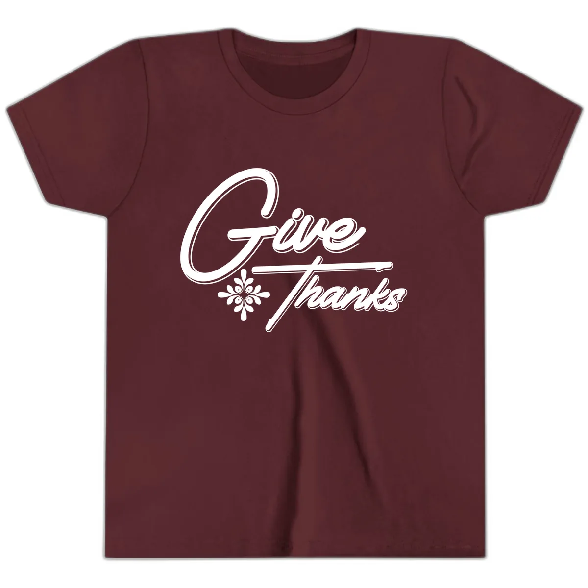 Give Thanks Script Design Youth T-Shirt in Maroon