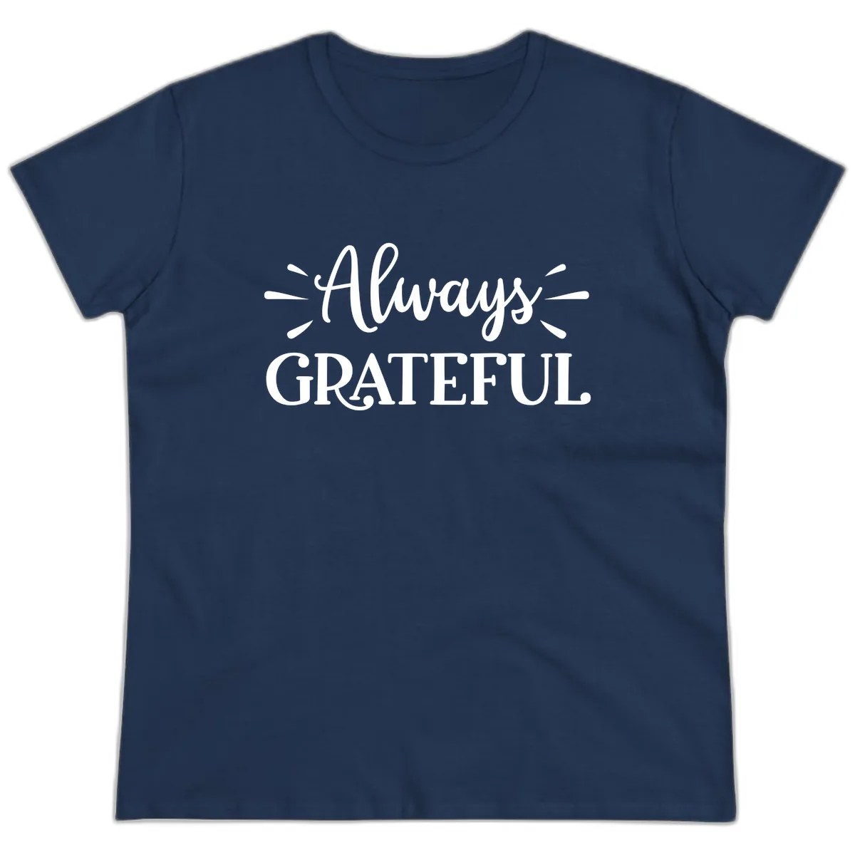 Always Grateful Script Text Design Ladies Tee in Navy