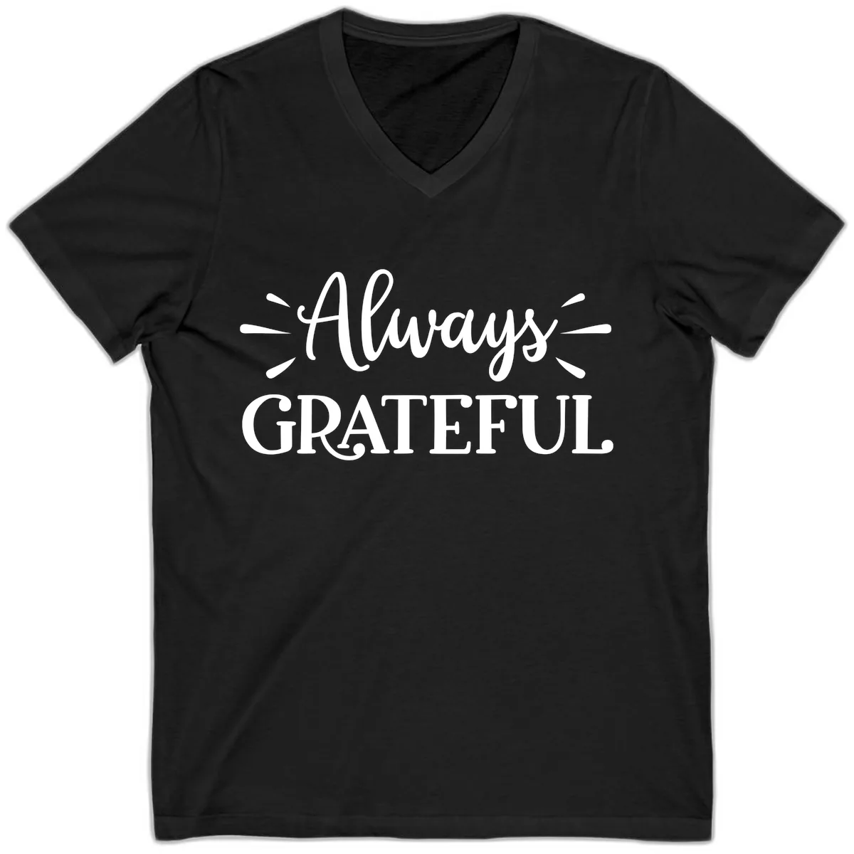 Always Grateful Script Text Design V-Neck in Black