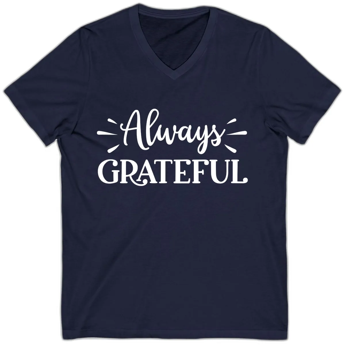 Always Grateful Script Text Design V-Neck in Navy
