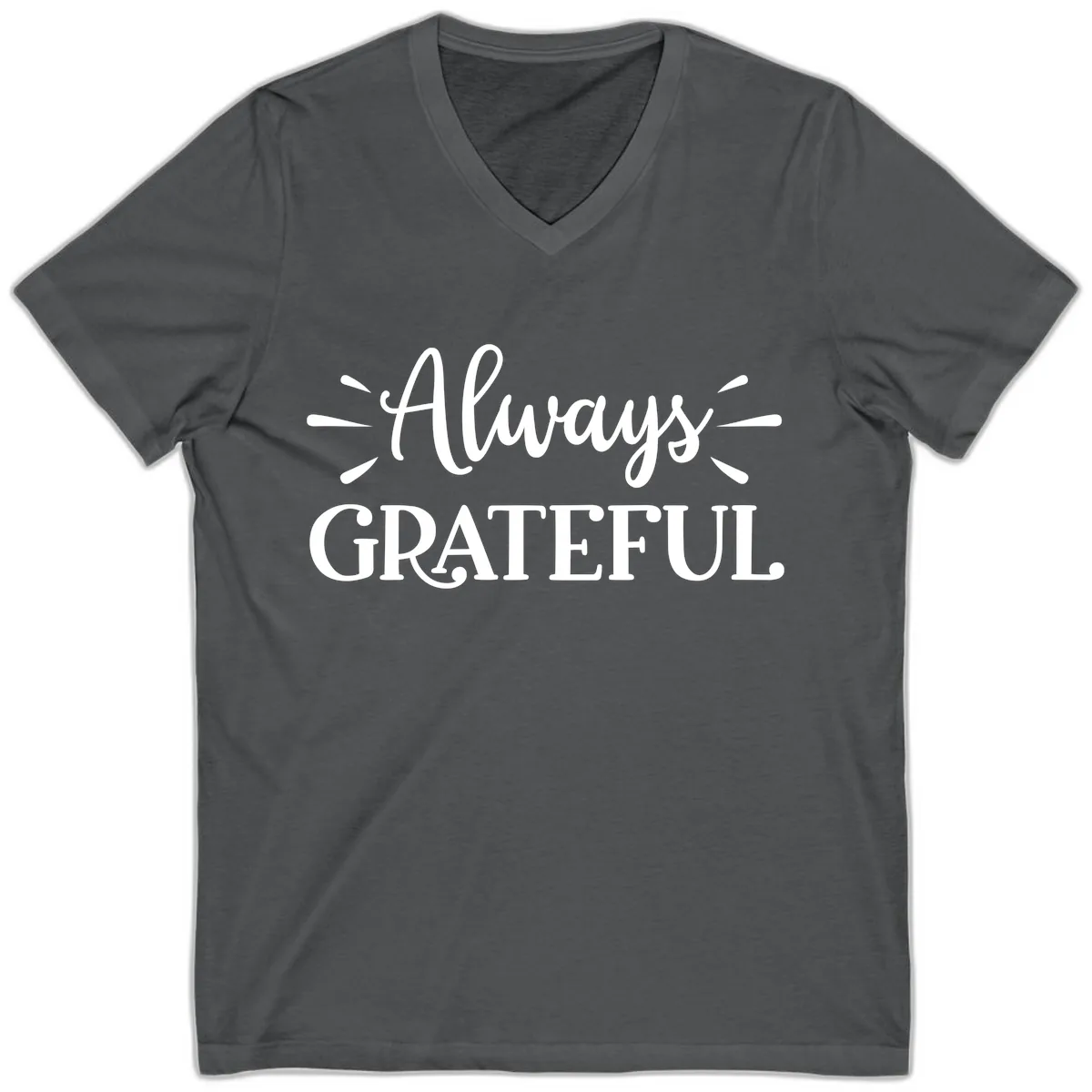 Always Grateful Script Text Design V-Neck in Asphalt