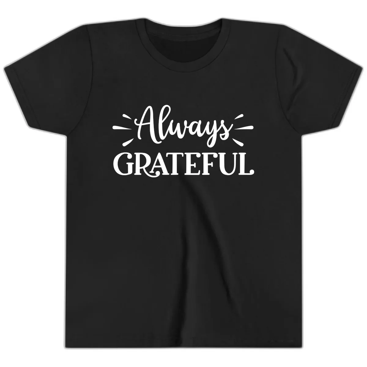 Always Grateful Script Text Design Youth T-Shirt in Black