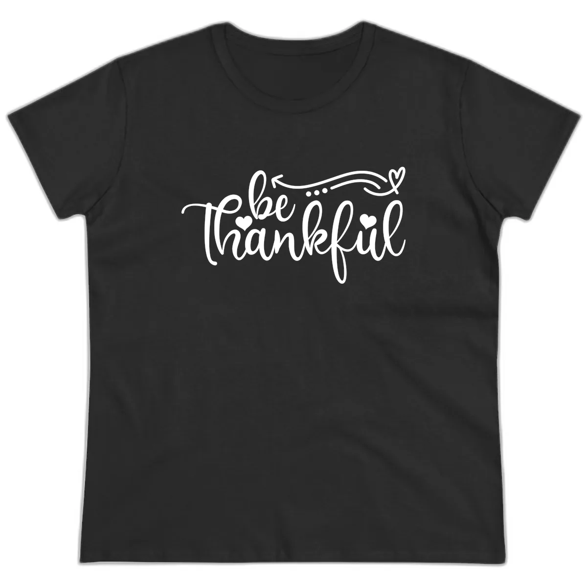 Be Thankful Script Design Ladies Tee in Black