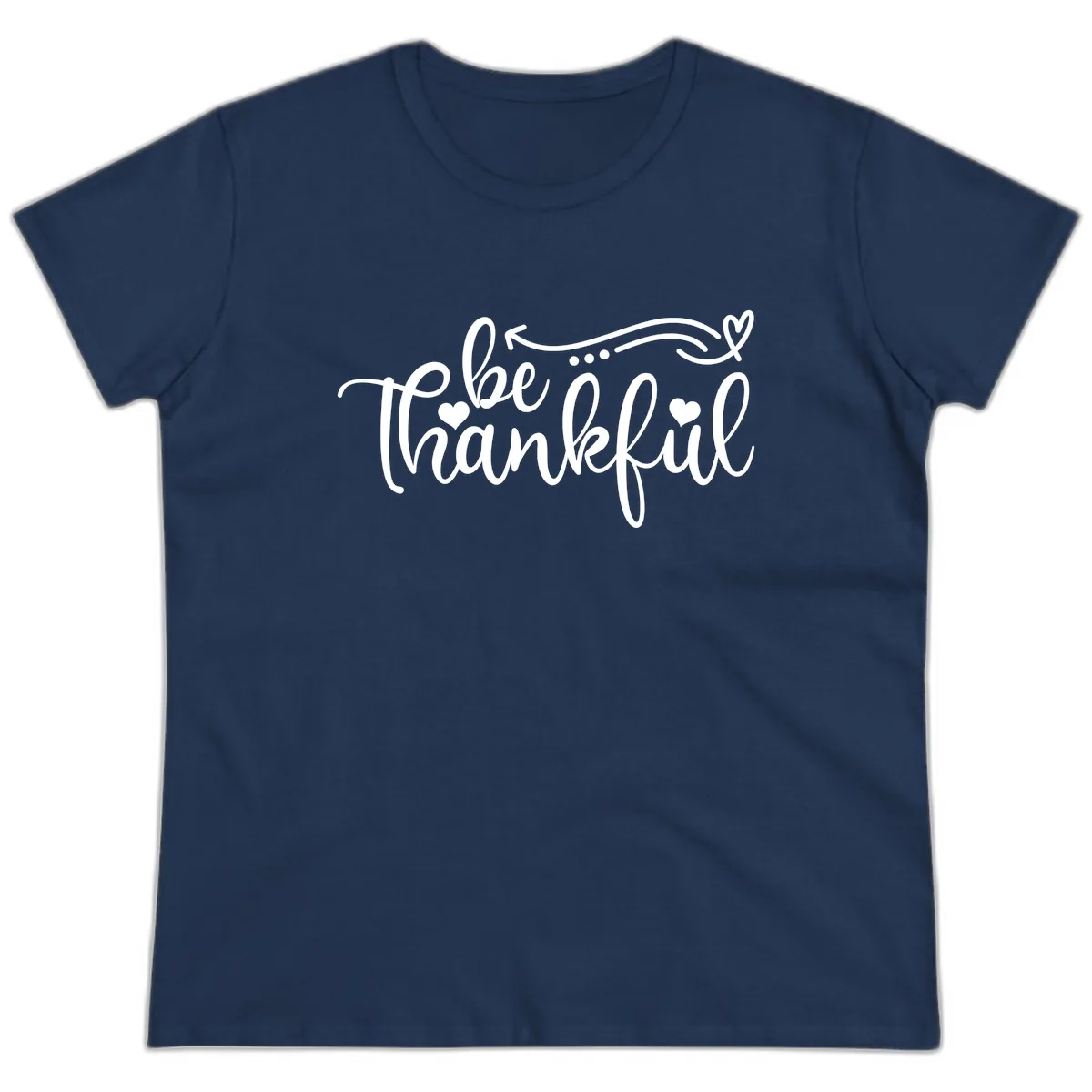 Be Thankful Script Design Ladies Tee in Navy