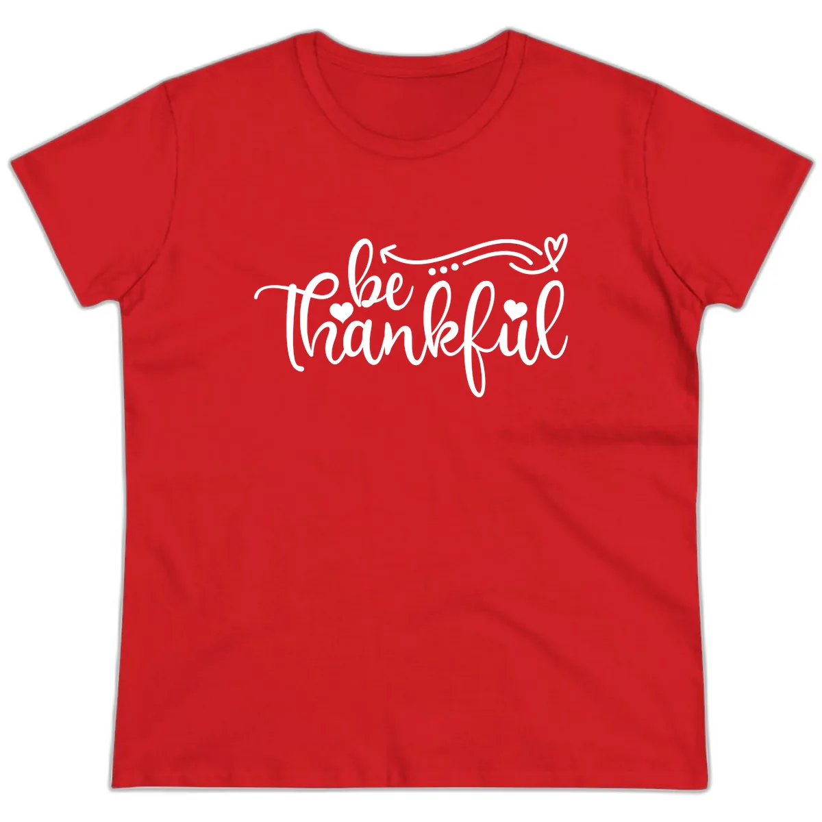 Be Thankful Script Design Ladies Tee in Red