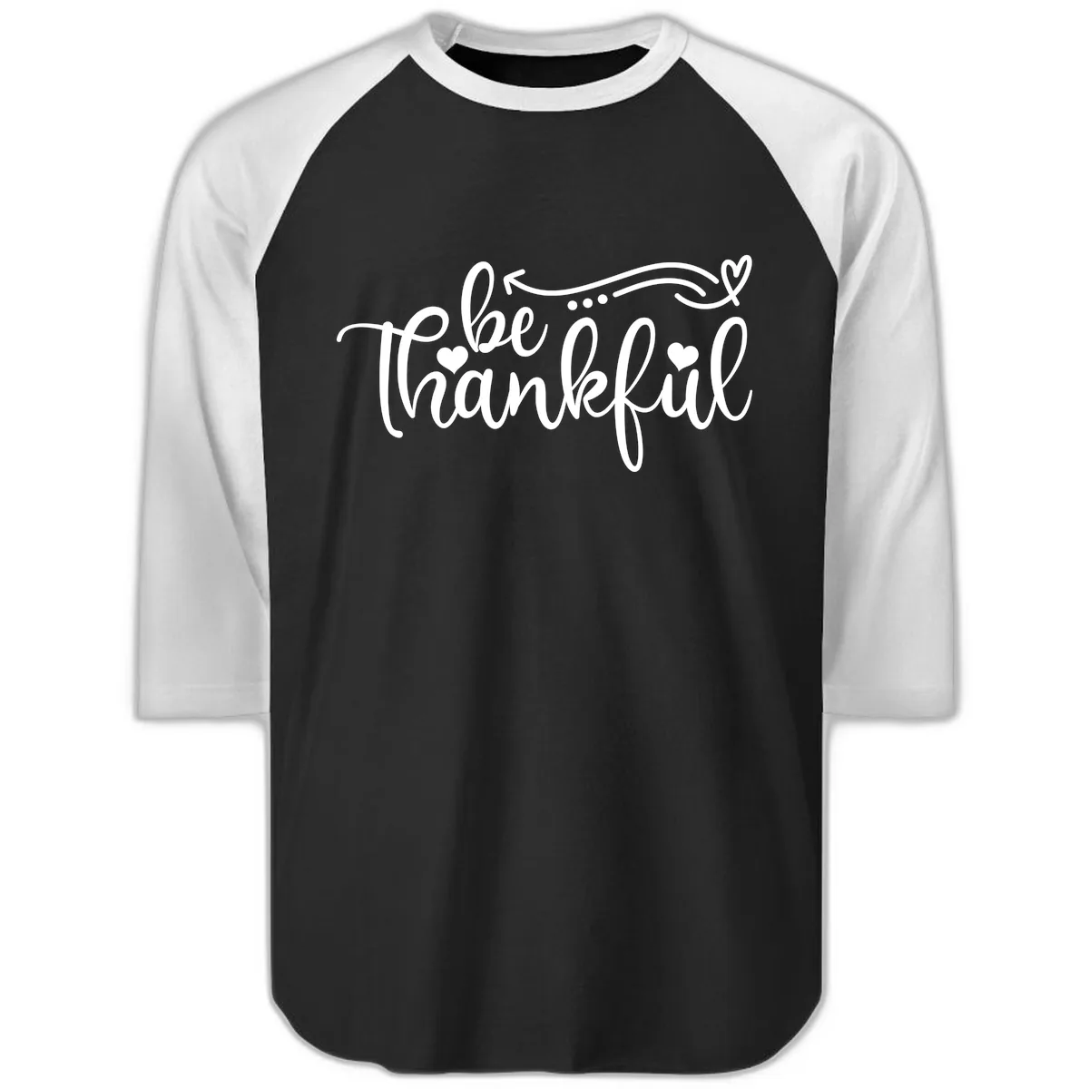 Be Thankful Script Design Raglan 3/4 in Black White