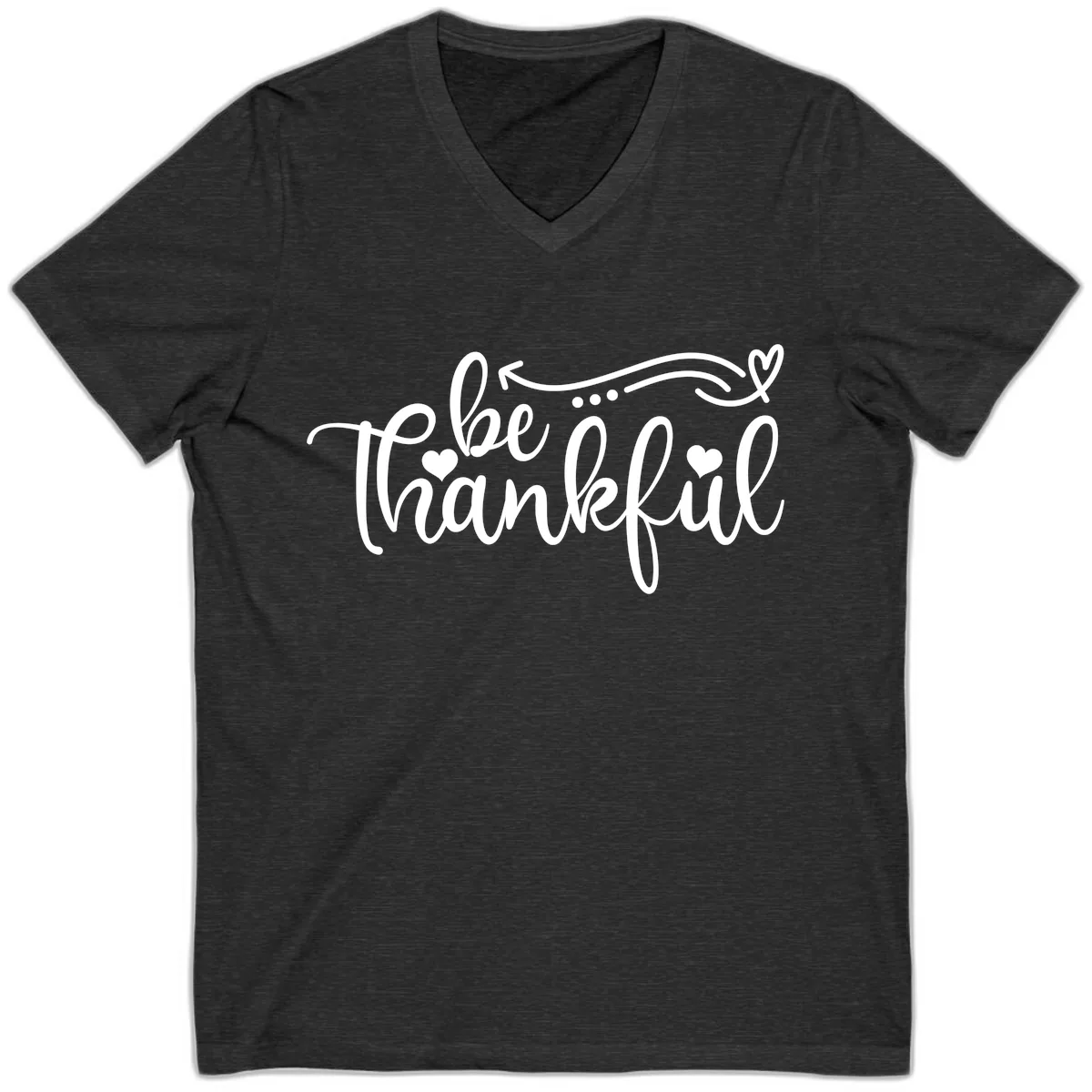Be Thankful Script Design V-Neck in Dark Grey Heather