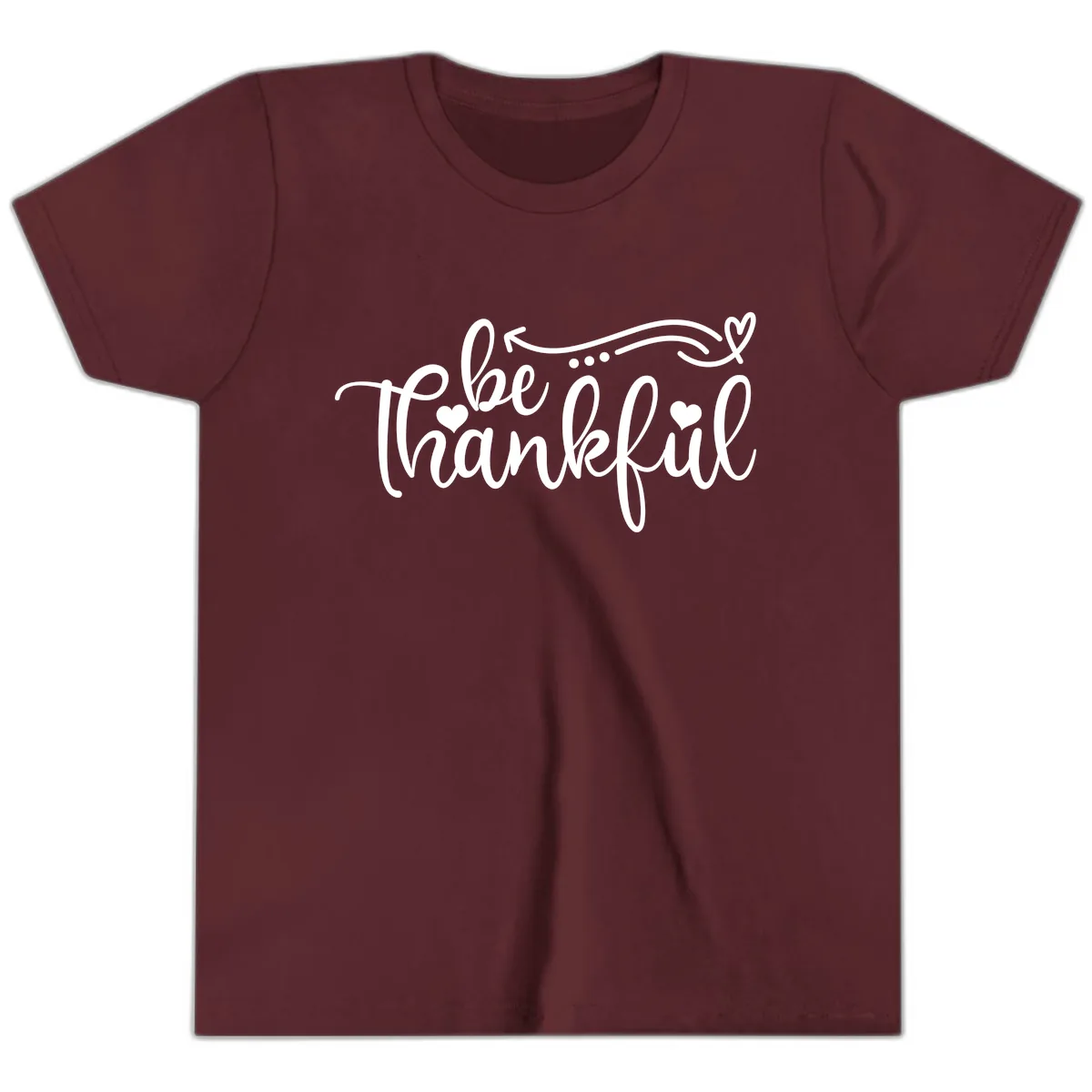 Be Thankful Script Design Youth T-Shirt in Maroon